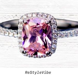 PINK Center Stone BEAUTIFUL Ring Sterling Silver Bling Cushion Cut Halo